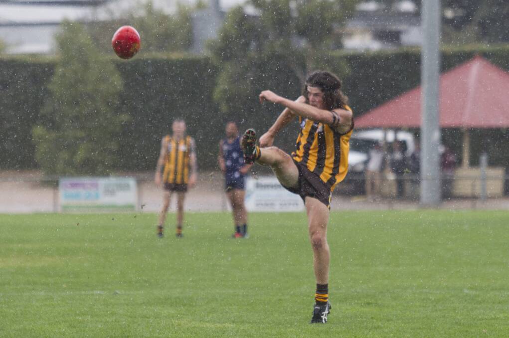 WET: Jack Antonio takes his shot at goal as rain falls in Ararat on Saturday afternoon. Picture: Peter Pickering