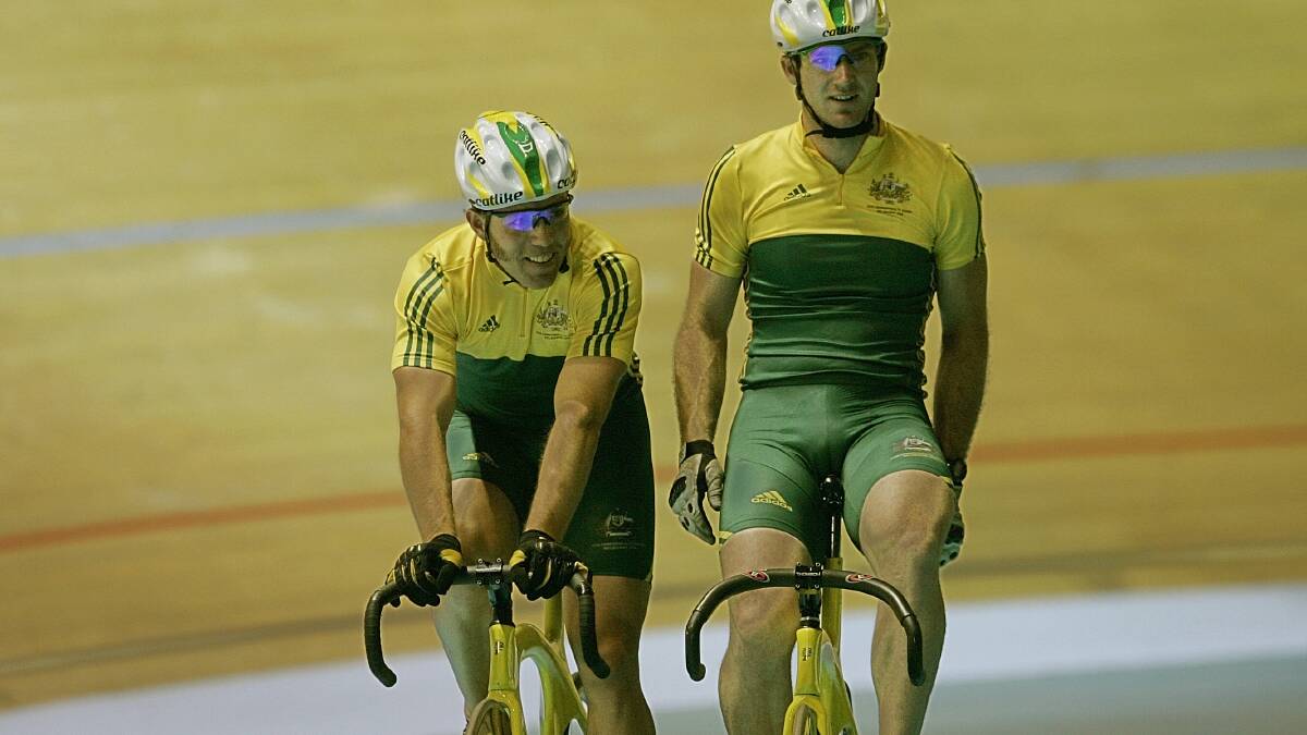 AUSTRALIAN SQUAD: Shane Kelly and Ryan Bayley on the track training during the Melbourne 2006 Commonwealth Games. Picture: John Donegan 