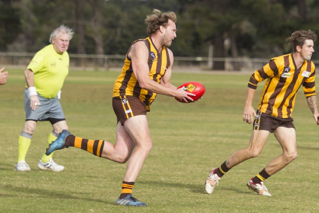 BIG LOSS: Tatyoon's Adrian Pilgrim in action against Hawkesdale-Macarthur in round eight but will miss round nine. Picture: Peter Pickering
