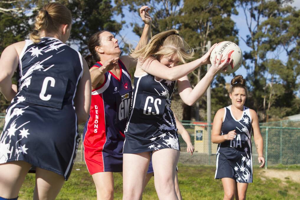 PHYSICAL: Ararat Eagles' Jordyn Leggett gets some close attention during the match against Lismore-Derrinallum on Saturday. Picture: Peter Pickering