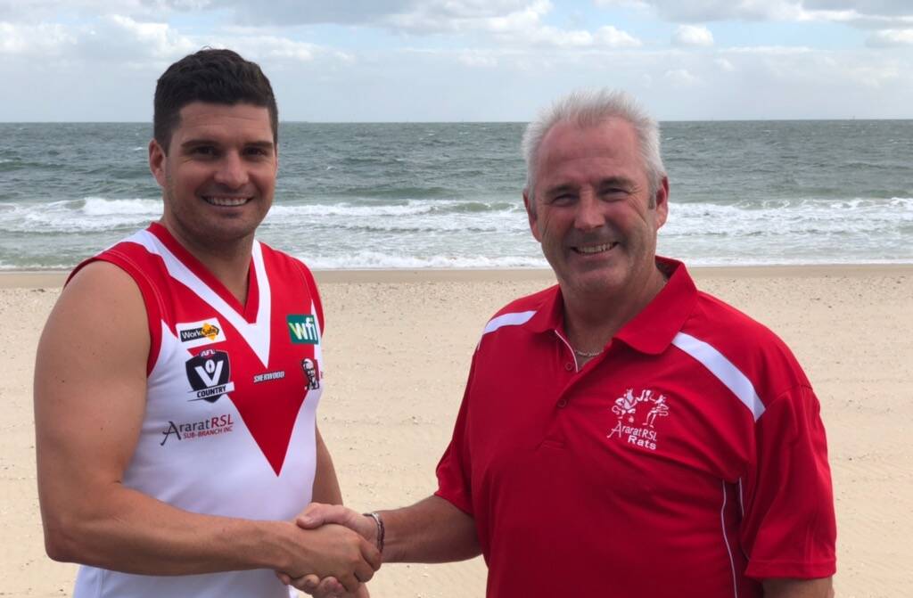 BIG RECRUIT: Former St Kilda player Leigh Montagna and Ararat Football Netball Club president David Jennings are excited for Good Friday.