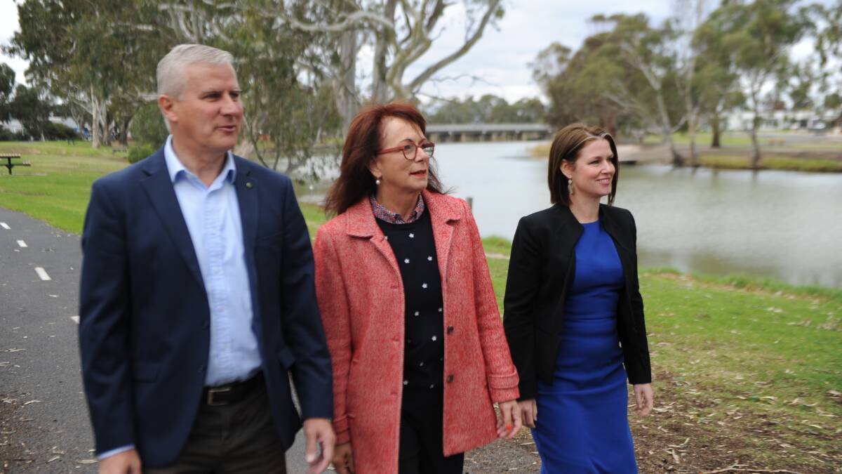 ANNOUNCEMENT: Deputy Prime Minister Miachel McCormack with Mallee Nationals candidate Anne Webster and Member for Lowan Emma Kealy on Wednesday. Picture: ALEXANDER DARLING