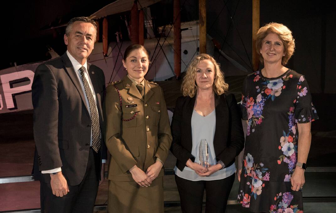 LEFT TO RIGHT: Minister for Defence Personnel Darren Chester MP, Army reservist Lieutenant Delphine Astier, Ms Meredith Knoop, Uniting WImmera's Youth & Homelessness Teams Manager and National Chair Defence Reserves Support Council, Jane McAloon, during the 2019 National Defence Reserves Support Council Employer Support Awards night. Picture: LAUREN LARKING