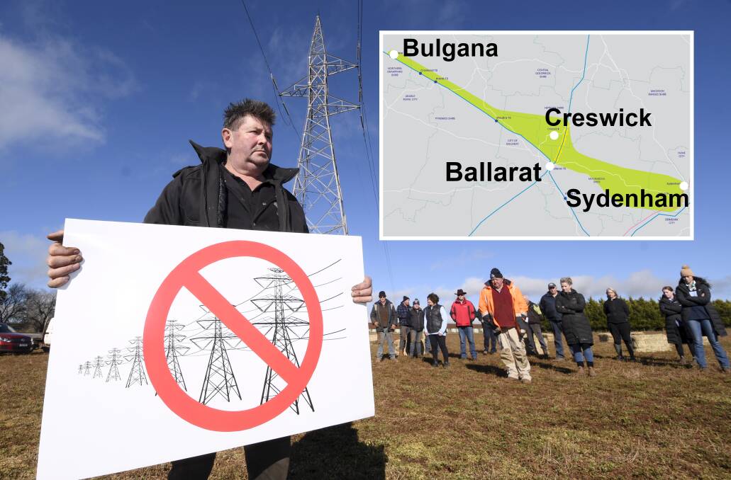 Action: Dean farmer Andrew Maher with other residents at the 220 kilovolt line that runs over his property. Inset, a map of the area of interest (in green). Picture: Lachlan Bence