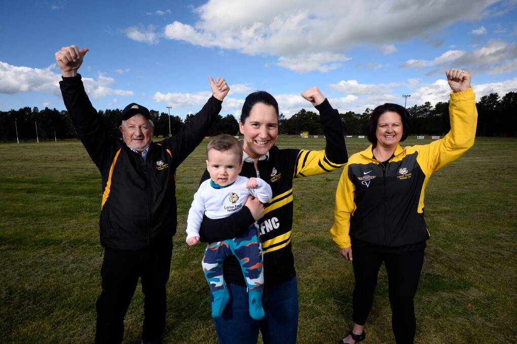 Back in action: Lexton FNC's grounds and bar manager Robert Palmby, netball manager Rachel Phelan with baby Peyton, and treasurer Jayne Briody at the rec reserve. Picture: Adam Trafford