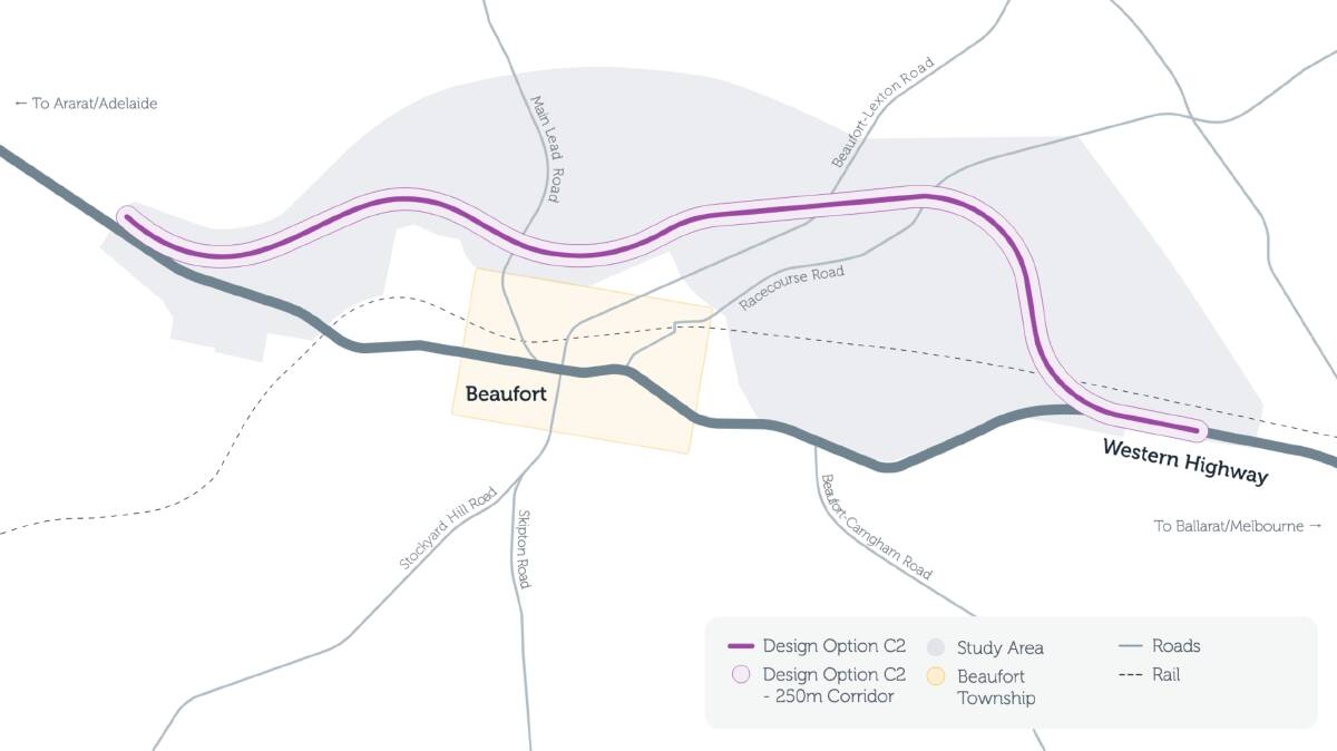 The planned route (in purple) around the township (in yellow). Picture: RRV