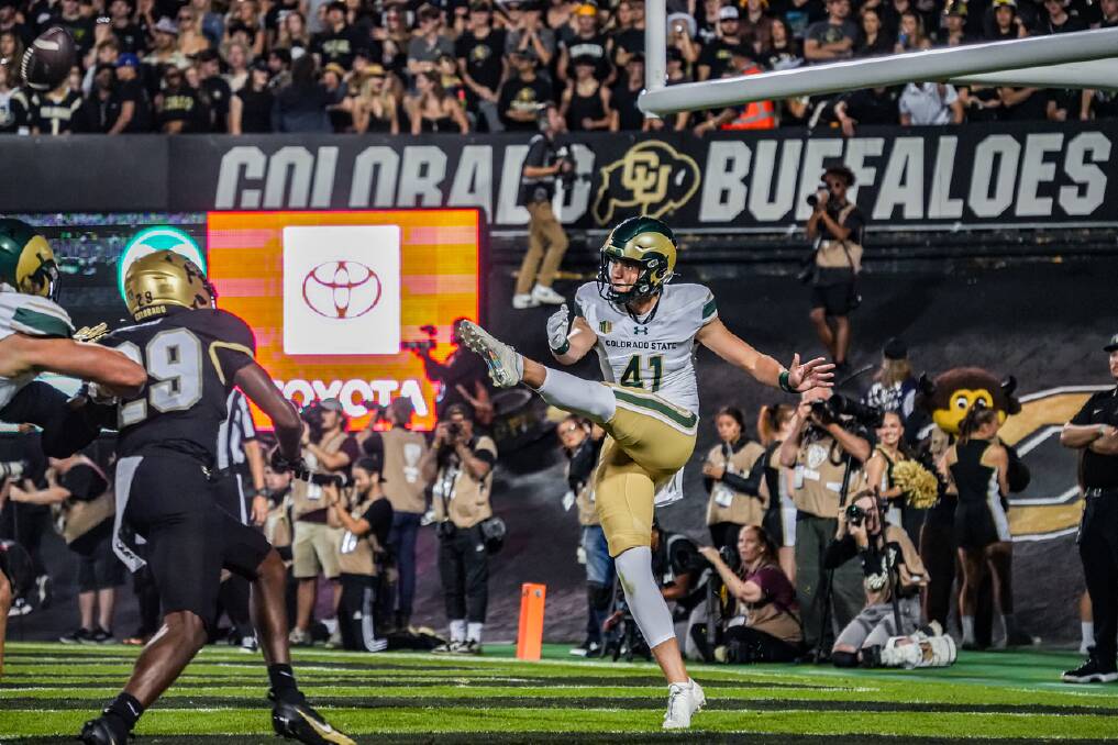 Ararat punting sensation Paddy Turner launches the ball downfield during the Colorado State-Colorado contest. Picture supplied