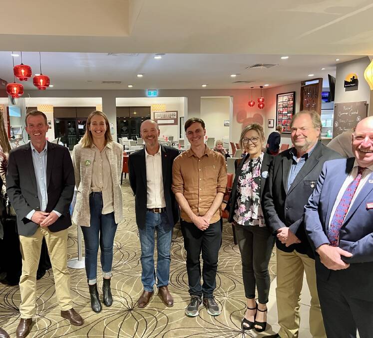 Campaign: ABC Ballarat's Steve Martin (middle) with Wannon candidates Dan Tehan, Hillary McAllister, Alex Dyson, Amanda Mead, Craige Kensen and Gilbert Wilson. Pictures: BEN FRASER