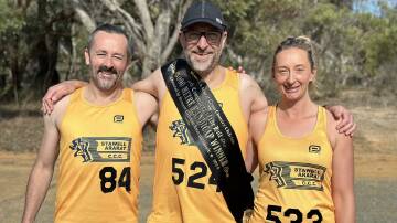 Conqueror of The Hill 3000m Handicap winner Matt Haddow (middle) with second place Mark Thompson (left), and third placed Steph Carrol. Picture supplied
