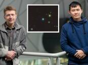 Dr Chris Onken and Samuel Lai. Inset: SkyMapper's colour view of that part of the sky, with J1144 being the blue source at the centre. Pictures: Jamie Kidston/Supplied. 