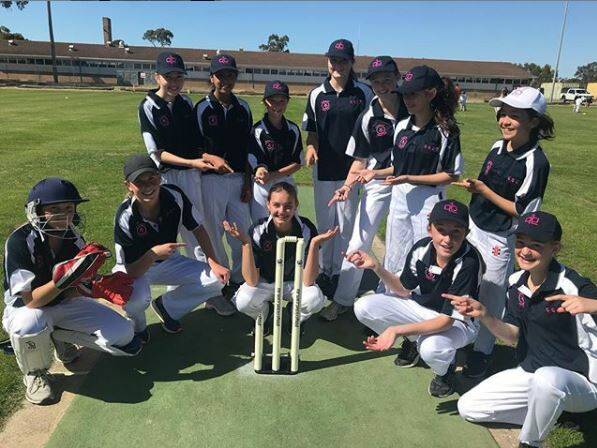 BROKEN: Grampians Girls team tied with St Andrews on Sunday. Bridie Stuchbree bowled a whopping ball which broke the stumps. Picture: CONTRIBUTED