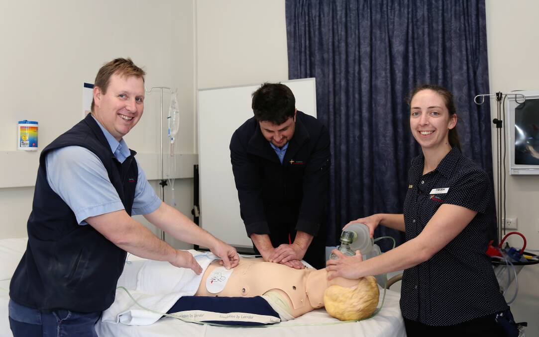 LEARNING: Stawell Regional Health's Phillip Hutton, Ben Hewlett and Patricia Flood getting ready for Restart a Heart Day on Wednesday. Picture: CONTRIBUTED