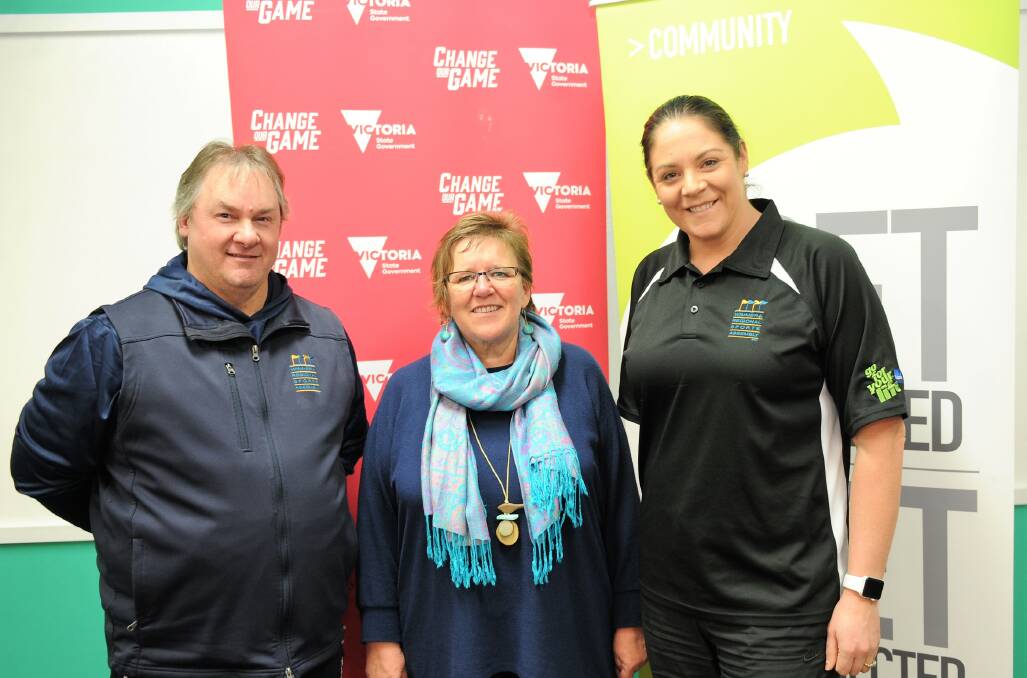 Wimmera Regional Sports Assembly's David Berry, Centre for Participation chief executive Julie Pettett, and sports assembly project co-ordinator Rebecca McIntyre. Picture: CARLY WERNER