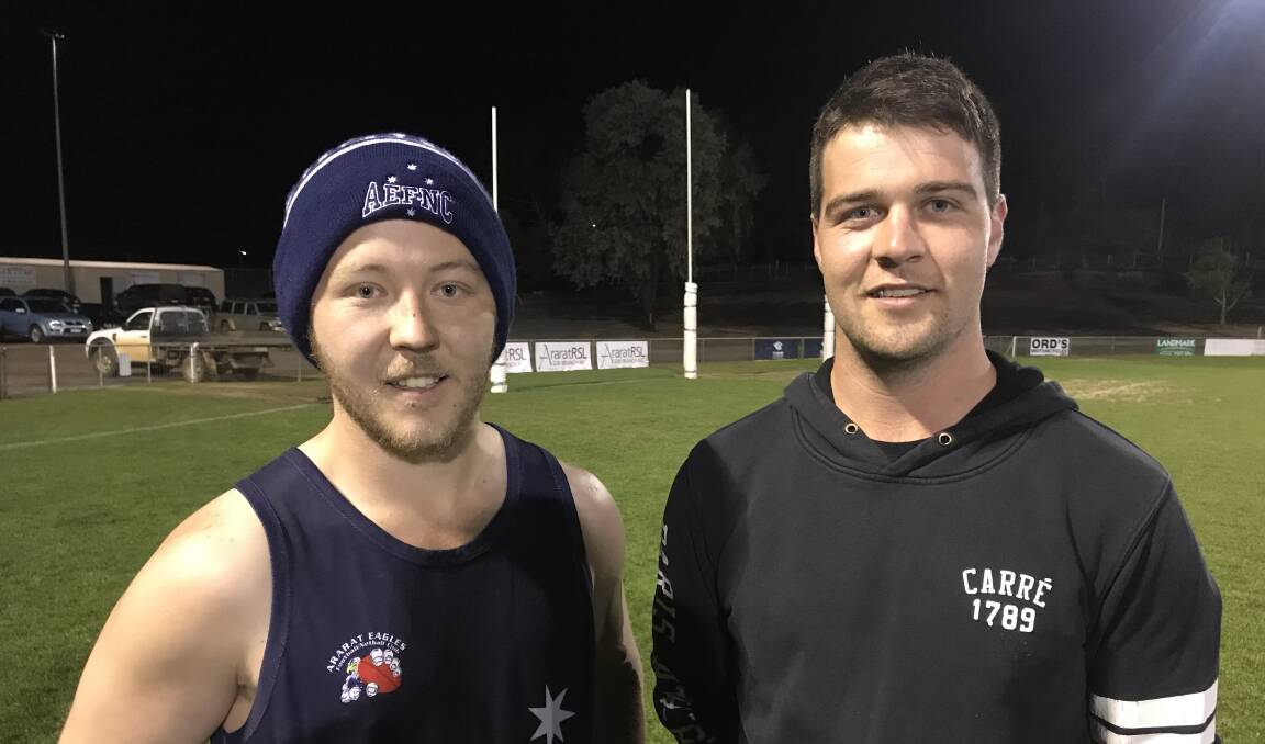POSITIVE: Ararat Eagles' assistant coach Brohdie Smyth and 100-game player Oakley Taylor are remaining upbeat for the club's future. Picture: CASSANDRA LANGLEY