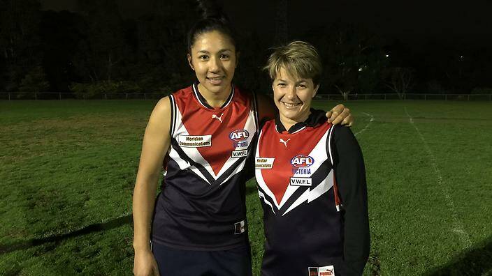 EXCITING TIMES: Melissa Bibby (right) with former team-mate and now AFLW player Darcy Vescio. Bibby played alongside Vescio at Darebin. Picture: CONTRIBUTED