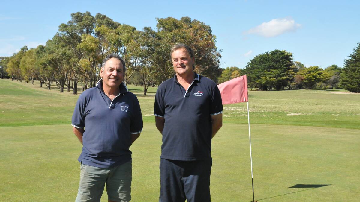 FOR A CAUSE: Lake Bolac's John Llyod and Grant Gibson are ready for the longest golf challenge this month. Picture: CASSANDRA LANGLEY