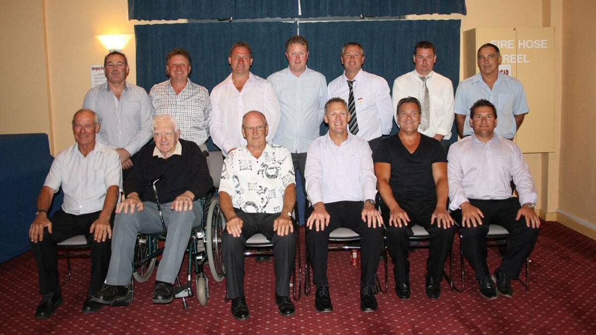 The Swifts-Great Western 50 Year team - L-R (back) Norm Whiting (12th man), Gary Hannett, Andrew Bach (12th man), Marc Brilliant, Gary Ranton, Nic Clough, Kev Rathgeber (representing the late Bill Rathgeber); (front) Terry Croton, Brian Bartholomew, Gary Blackman (vice captain), Shane Evans (captain), Paul McDonald, Bill Norton. 