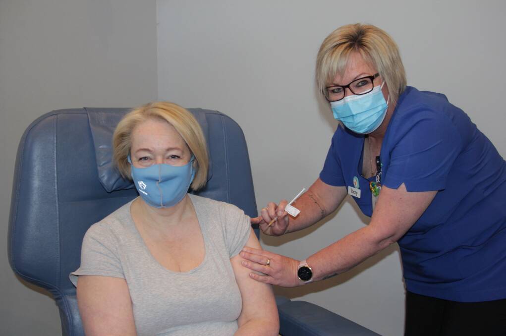 JAB: Member for Ripon Louise Staley rolled up her sleeve to receive the COVID-19 vaccination this week from nurse immuniser Tracey Drake. Picture: CONTRIBUTED