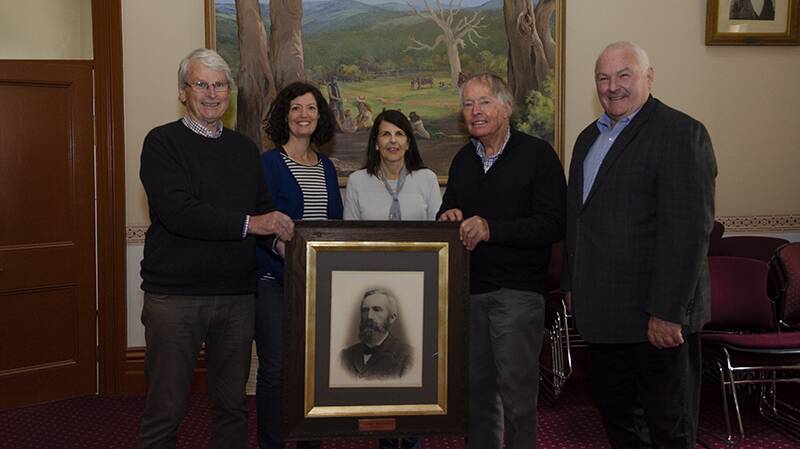 HISTORY: Descendants of Thomas Hutchings - David Hutchings, Victoria Clayton, Liz Bell, Tim Hutchings and Northern Grampians Shire Councillor Kevin Erwin. Picture: CONTRIBUTED
