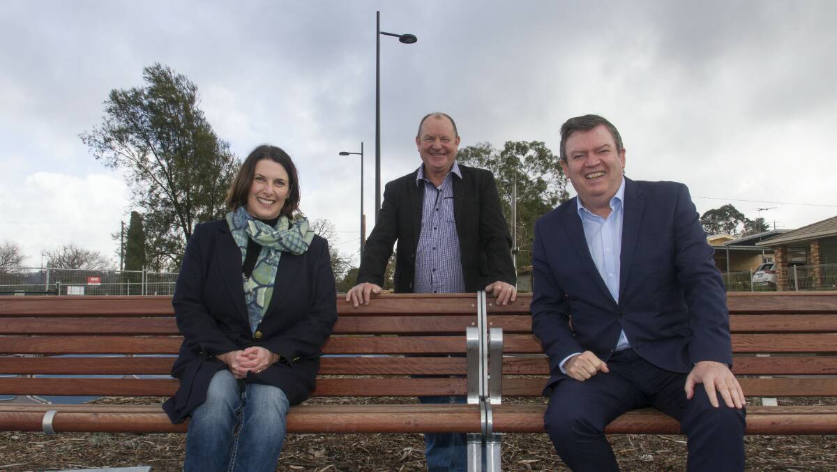PROJECT: Mayor Jo Armstrong, Councillor Bob Sanders and MP Frank McGuire inspect the state-of-the-art light poles, feature lights and ground lighting installed throughout the Ararat Active Corridor. Picture: PETER PICKERING