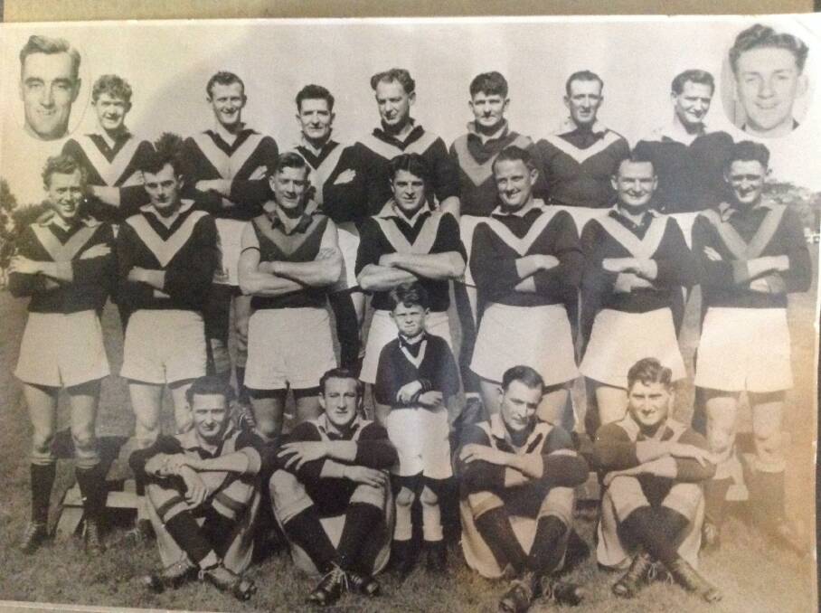 WINNERS: The winning team, Tatyoon, of the 1952 Mininera grand final against Lake Bolac. Inserts at top are left T Barr 19th, right F Bryant 20th man. Back row A Power, L Morrison, E Heard, D Martin, C Heard, R Drever, V Hughes. Middle row J Farrell, I Armstrong, L McDougall, A Clark (c.c), D Timms (v.c), J Corboy, H Shaw. Sitting M Taylor, A Smart, J Hucker (mascot), K Armstrong, R Porter.