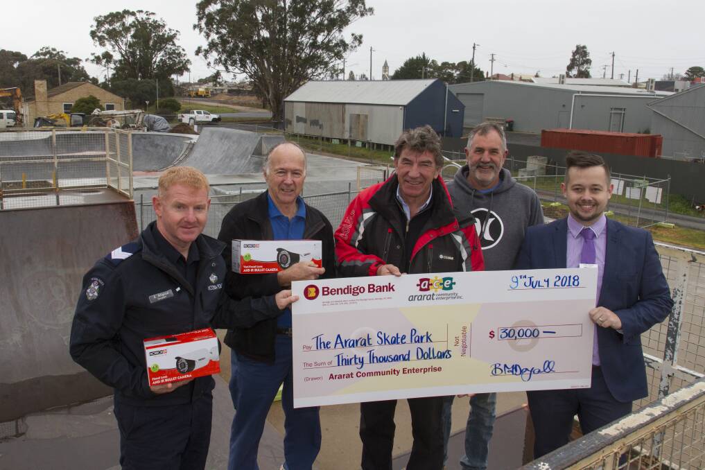 SAFETY UPGRADE: Ararat Skate Park Improvement Committee member Shane Allgood with ACE's Russell Pearse, Max Perovich, Michael Spalding and Bendigo Bank's Luke O'Brien. Picture: PETER PICKERING