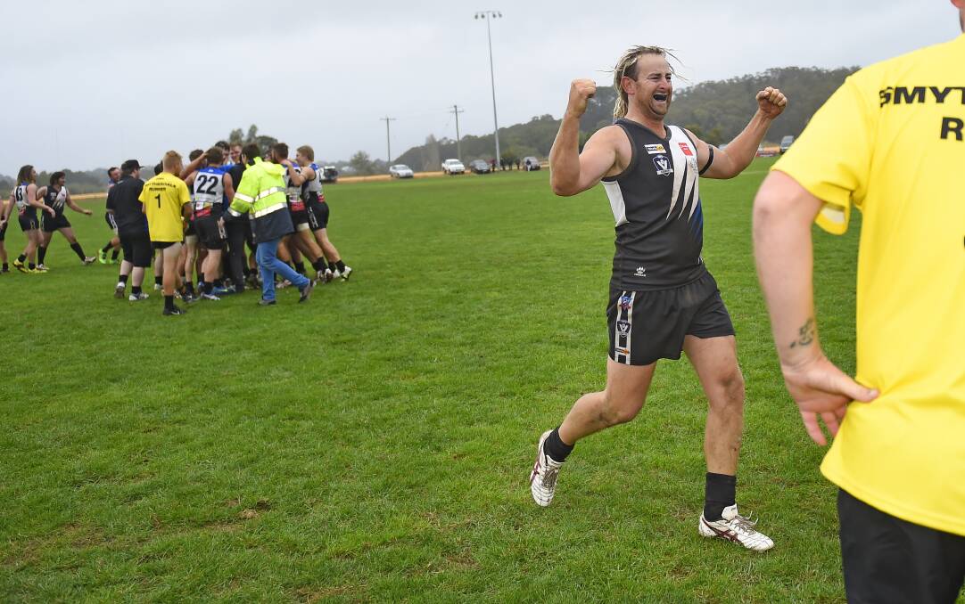 HAPPY TIMES: Former Smythesdale coach Stephen Frys celebrates the breakthrough senior win over Skipton in 2016.