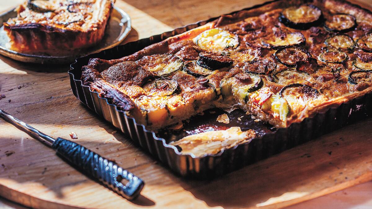 Zucchini, bacon and thyme tart. Picture: Kate Berry 