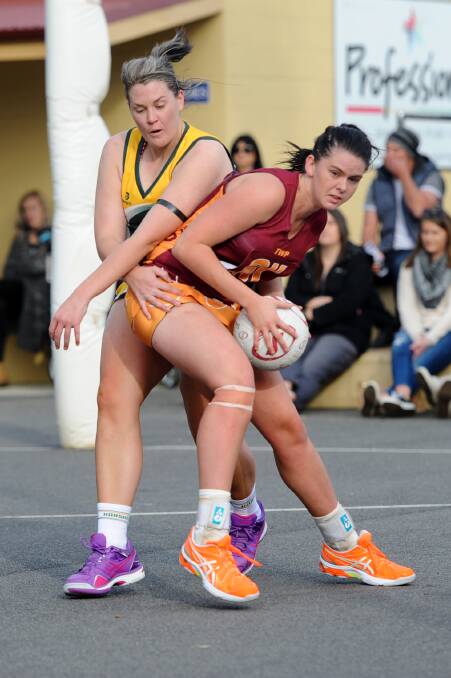 TRYOUTS:  Newly appointed Ararat Rats netball coach Taylor Mason (right) playing for an interleague side. Picture:  SAMANTHA CAMARRI