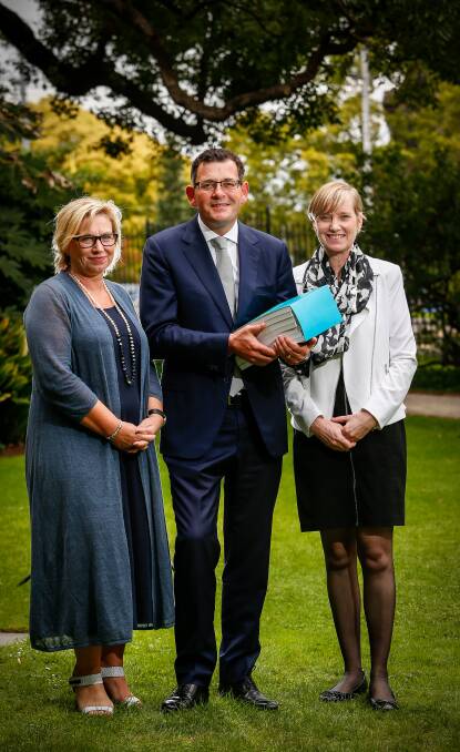 ACTION: Rosie Batty, Premier Daniel Andrews and Family Violence Prevention Minister Fiona Richardson at Parliament House on Wednesday. Photo: EDDIE JIM