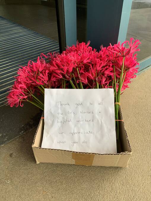 Ararat Hospital staff find flowers and a note thanking them for all they do. Photo: CONTRIBUTED.