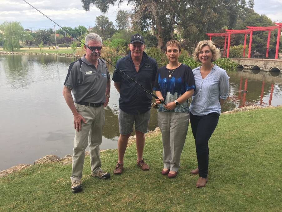 FISH: Geoff Cramer of Victorian Regional Fish, Trevor Holmes of Victorian Inland Charters, Member for Western Victoria Jaala Pulford, and Labor candidate for Ripon Sarah De Santis.