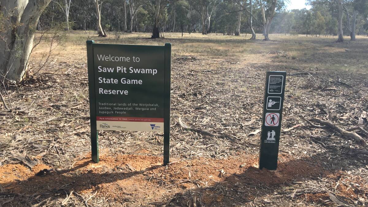 Parks Victoria has erected 'sustainable hunting' signs like this one at Saw Pit Swamp, near Horsham, across the state. Picture: CONTRIBUTED.