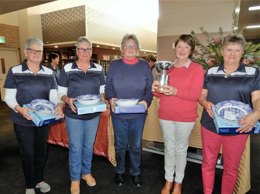WINNERS: The Camperdown team, Gayle Gill, Marg White, Sue Pollock, Margie Kilpatrick who sponsored the trophy, and Doreen Horan. Picture: CONTRIBUTED. 