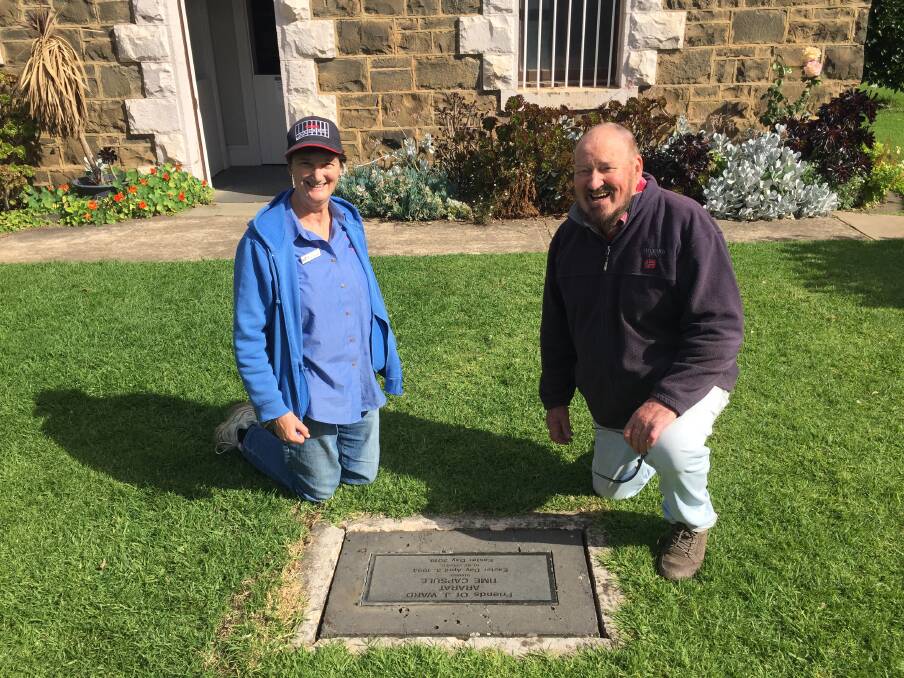 CELEBRATE: Friends of J Ward members Carmel Stringer and Ron Roberts at J Ward, near the time capsule set to be opened at Easter. Picture: JESSIEANNE GARTLAN.