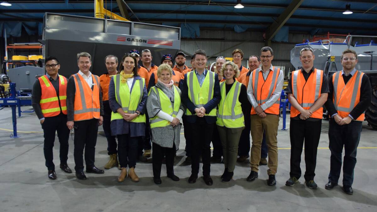 LOCAL BOOST: AF Gason and Victorian Minister for Industry and Employment Ben Carroll announced a planned $6 million expansion of the Ararat facility on Thursday. Pictured is Ararat Rural City mayor Gwenda Allgood, front left, Ben Carroll and Sarah De Santis with AF Gason staff.