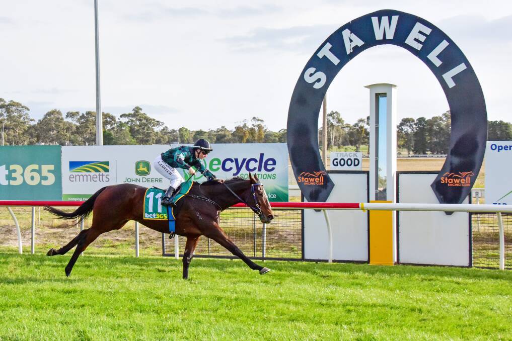 `Linda Meech rides Sentimentalist to victory in the Stawell Cup. Picture: BRENDAN MCCARTHY/RACING PHOTOS