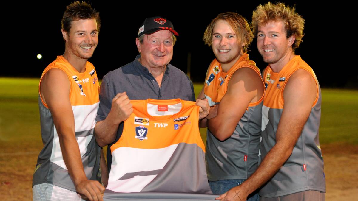 Kevin Sheedy with Simon Cook, Tyler Lehmann and Lachy Foott. Geoff Burdett's connection with Sheedy helped with the adoption of the Giants' name and colours. Picture: SAMANTHA CAMARRI