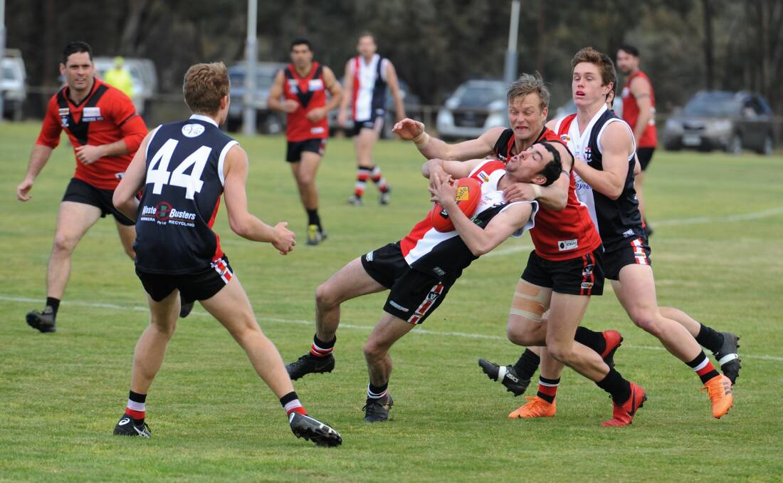 Saints' Connor O'Beirne is caught high against Stawell in the elimination final. Picture: MATT CURRILL