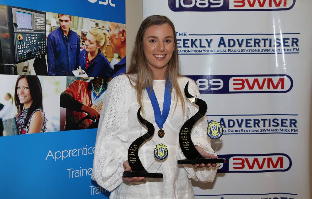 Georgia Hiscock displays her Hatcher Medal and best under-21 player awards. Picture: PETER PICKERING