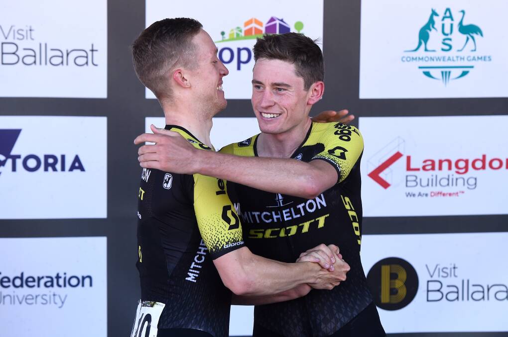 HIGH HOPES: Lucas Hamilton celebrates with teammate Cameron Meyer during the 2020 Road National Championships. Picture: ADAM TRAFFORD/BALLARAT COURIER