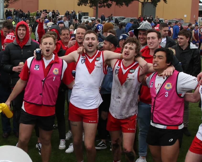 TOGETHER: Ararat reserves celebrate their 2019 premiership. Picture: PETER PICKERING