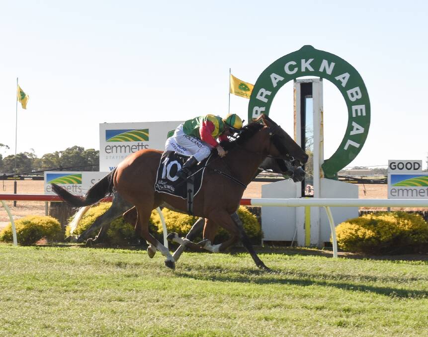 Kapaulenko crosses the line on the outside to win the 2018 Warracknabeal Cup. Presuker won his second Cup in three years with Rupture on Saturday. Picture: RACING PHOTOS