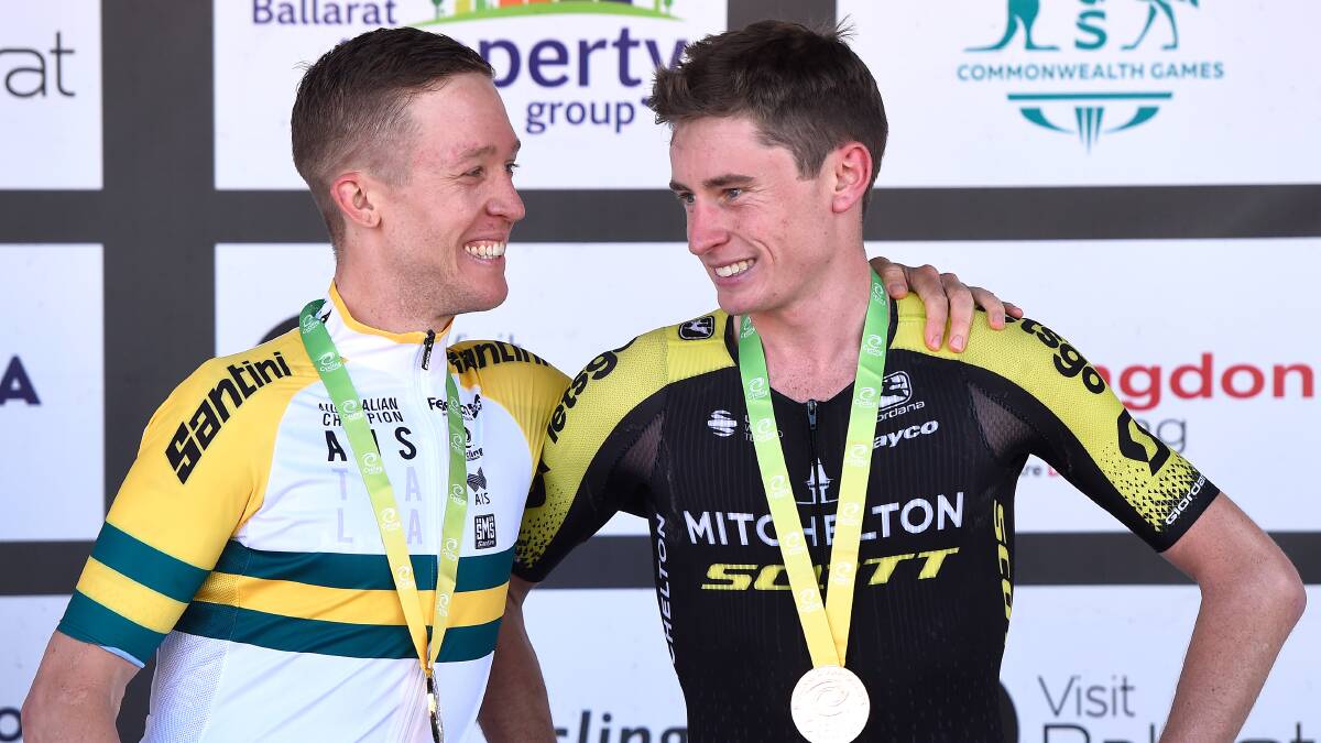 GIRO GOALS: Lucas Hamilton (right) next to Cameron Meyer after the 2020 Cycling Australia Federation University Road National Championships. Picture: ADAM TRAFFORD/BALLARAT COURIER