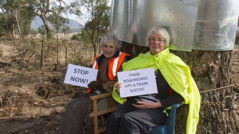 Isabel Mackenzie, left, locks herself to a rover red gum at Buangor in protest at its slated removal in 2015.