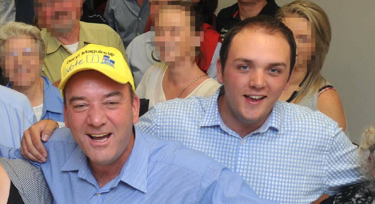 HEARING: Former Wagga MP Daryl MAguire (left) and son James, pictured after the Liberal Party's 2011 NSW election victory in Wagga. James on Wednesday told ICAC that he could not recall asking staff to destroy documents. 