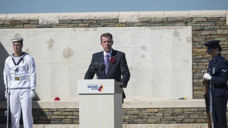 Member for Wannon and Minister for Veteran's Affairs Dan Tehan speaks a ceremony to mark 100 years since the battle of Fromelles. Picture: DFAT