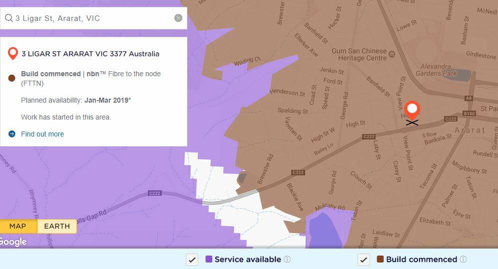 The NBN online rollout map showing Ararat's new completion date in 2019.