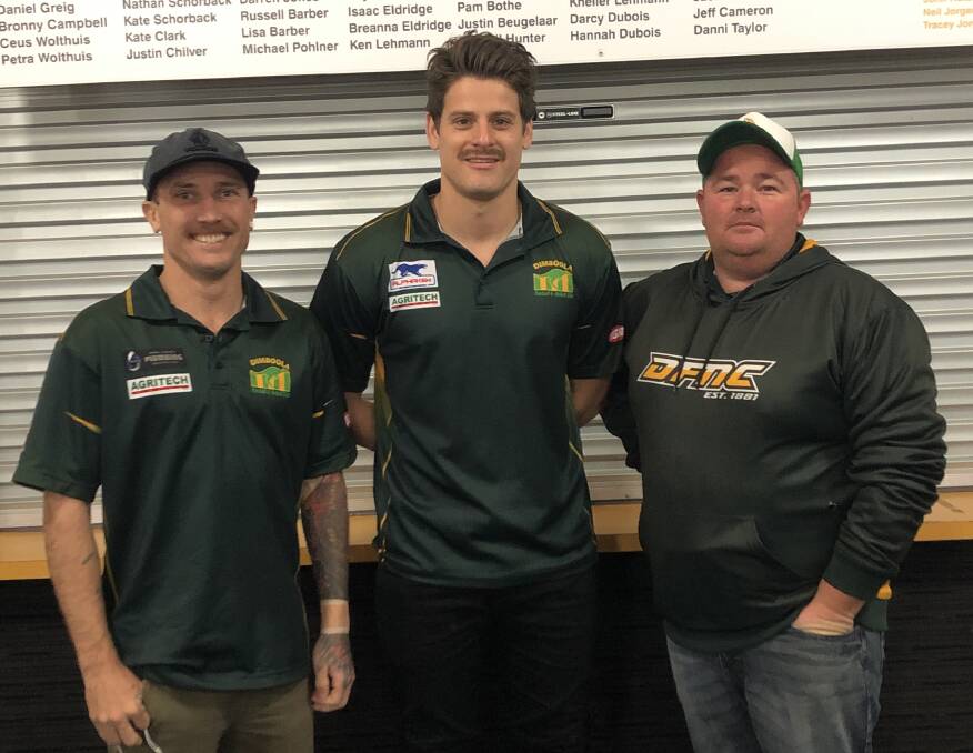 Dimboola's 2020 assistant coach Matthew Rosier, head coach Justin Beugelaar and president Mick Henderson. Picture: CONTRIBUTED
