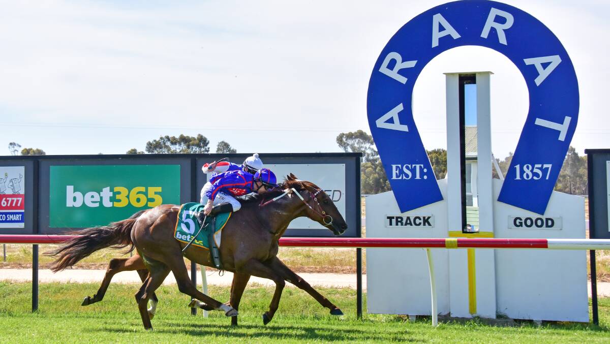 VICTORIOUS: Darren Weir-trained Andrea Mantegna strides to the lead to win the 2018 Ararat Gold Cup. Picture: RACING PHOTOS